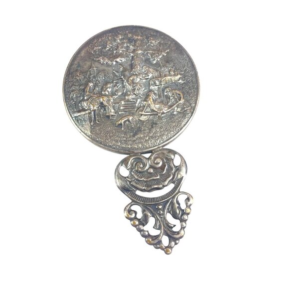 Antique Silver Hand Mirror With Ornate Handle & Detailed Scene Engraving - Picture 3 of 6